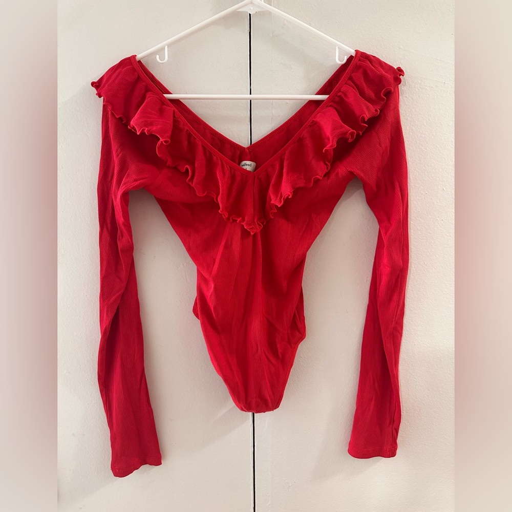 Aritzia Red Ruffled Long Sleeve Bodysuit